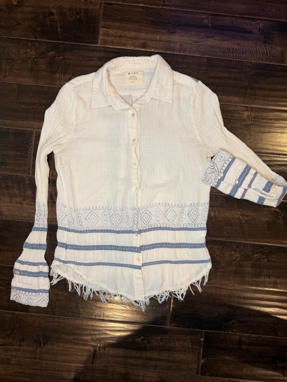 MADE 100% Cotton Embroidered Fringe Hem Shirt - Size Large